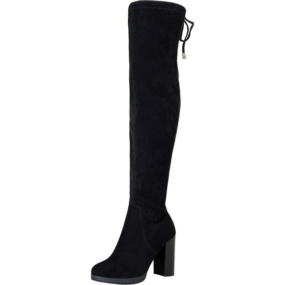 Shoes - Women's Black-imitation Grain Suede Thigh High Over The Knee Rounded Toe Boot